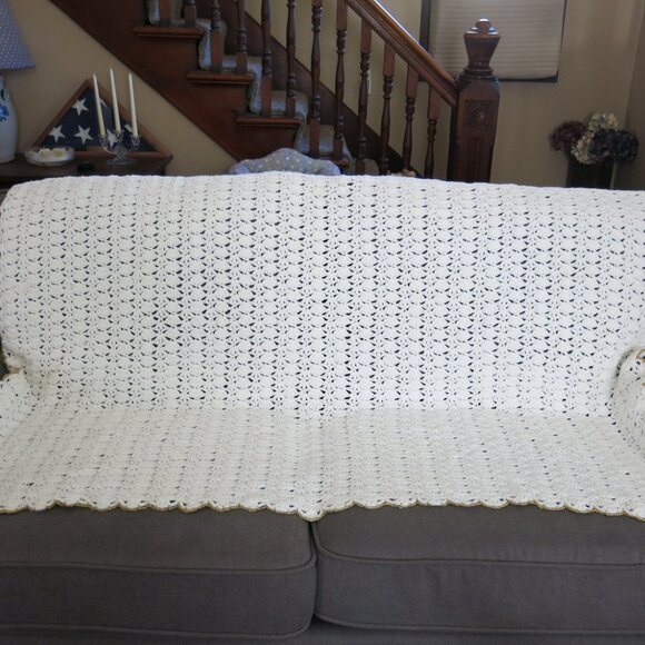 Specially Handmade & Designed by Lucille Boston Other - Handmade White Gold Crochet Blanket, Throw Cottage Blanket, Baby Blanket,66"x33"